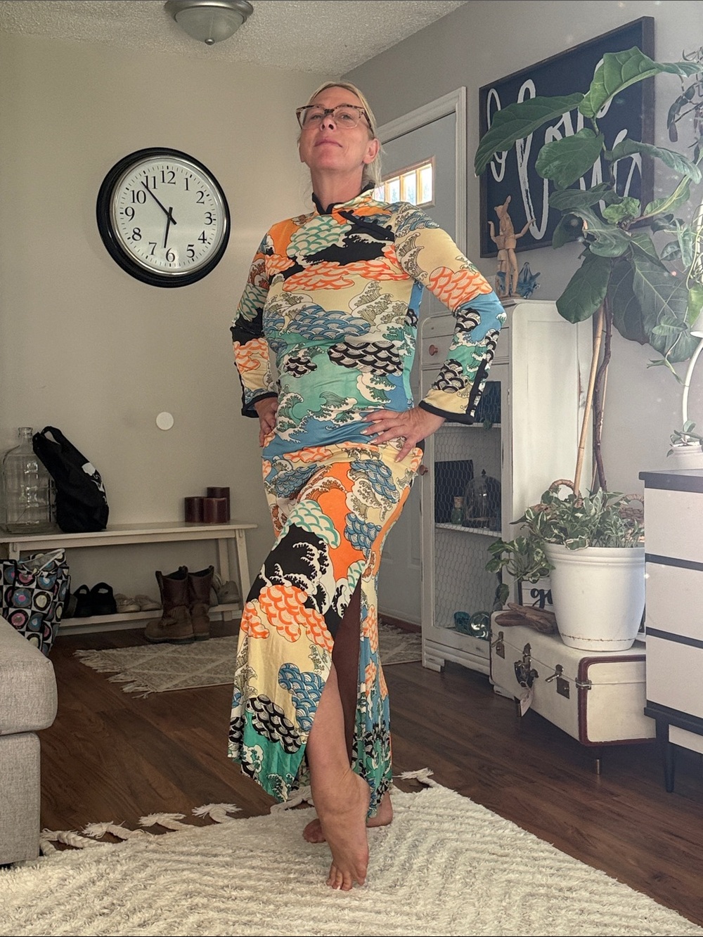 1970s Multi-Color hippy Psychedelic Cheongsam (or Qipao) inspired maxi dress Sm
